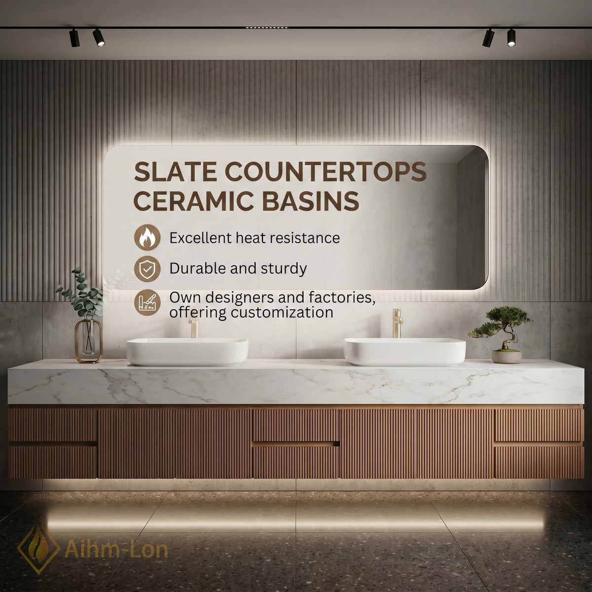 60''-96'' Double Bathroom Vanity with Sink Slatted Panel Marble Top Open Storage