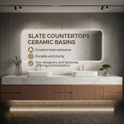 60''-96'' Double Bathroom Vanity with Sink Slatted Panel Marble Top Open Storage