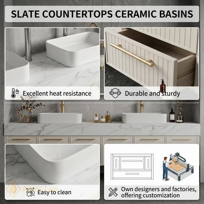 60''-96'' Double Bathroom Vanity with Sink Modern Floating Marble Look Paneled Doors