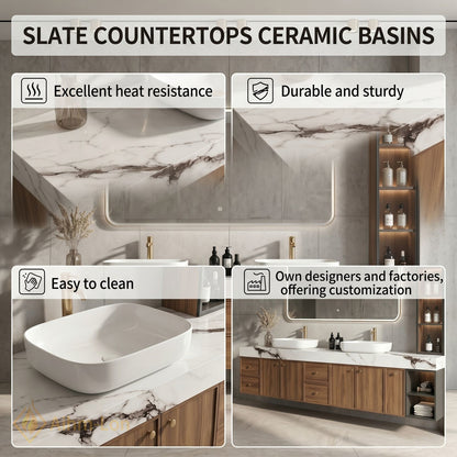 78''-96'' Double Bathroom Vanity with Sink Marble Style Top Warm Wood Finish