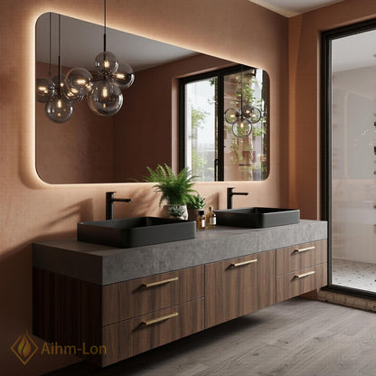 60''-96'' Double Bathroom Vanity with Sink Walnut Modern Floating Top Grain Drawers