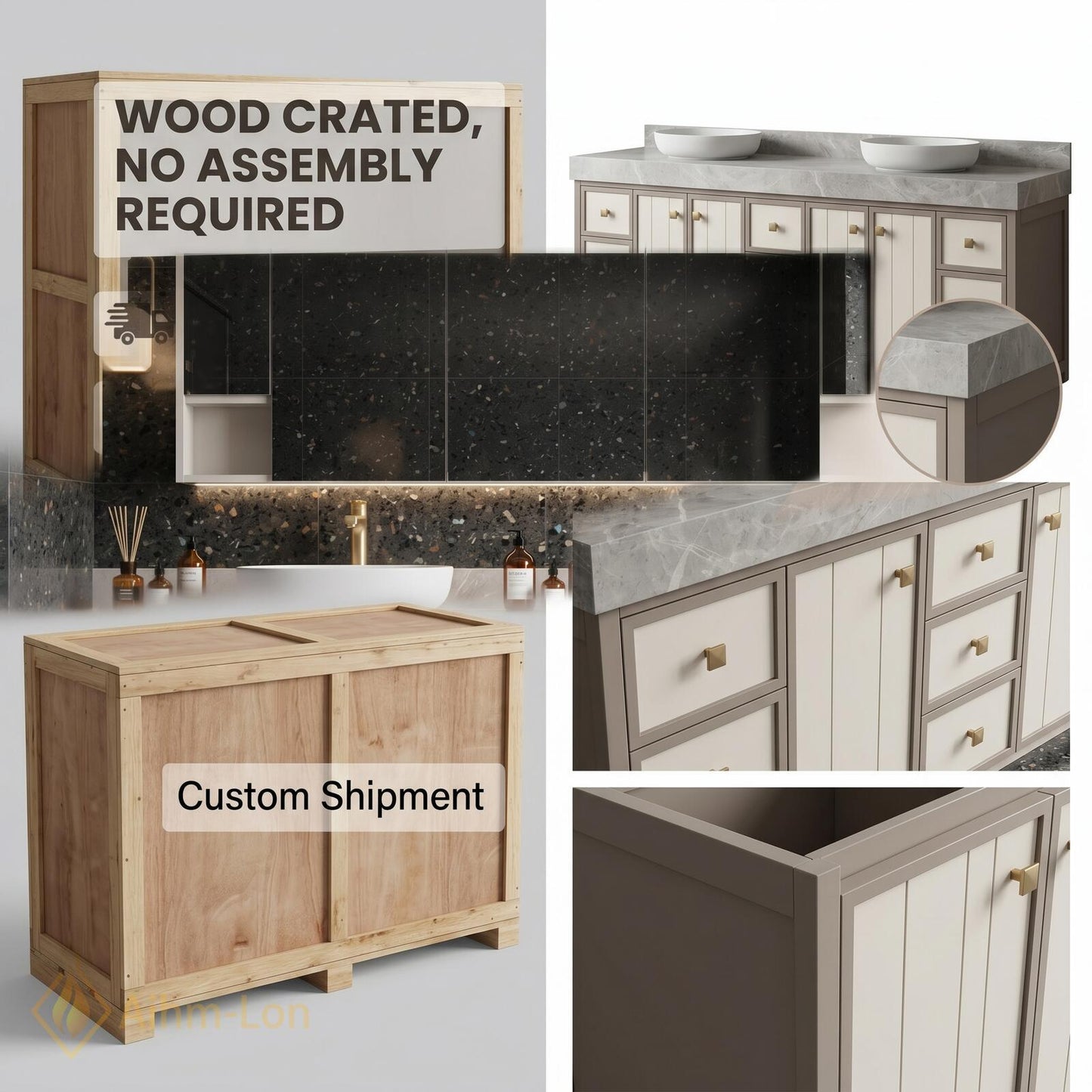 78''-96'' Double Bathroom Vanity with Sink Modern White Paneled Front Taupe Frame