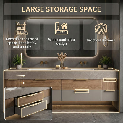 60''-96'' Modern Bathroom Vanity with Sink Double Sink Smooth Stone Floating Drawers Mirror
