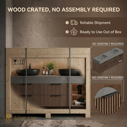 60''-96'' Double Bathroom Vanity with Sink Modern Floating Dark Wood Slats Concrete Top