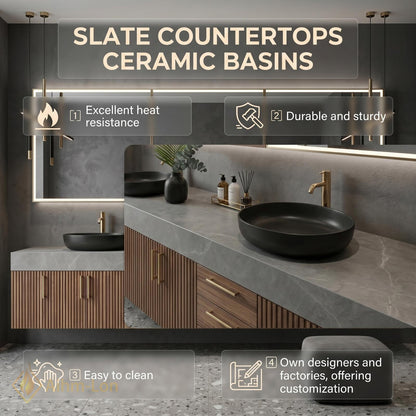 60''-96'' Bathroom Vanity with Sink Modern Floating Dark Slatted Panels Open Center