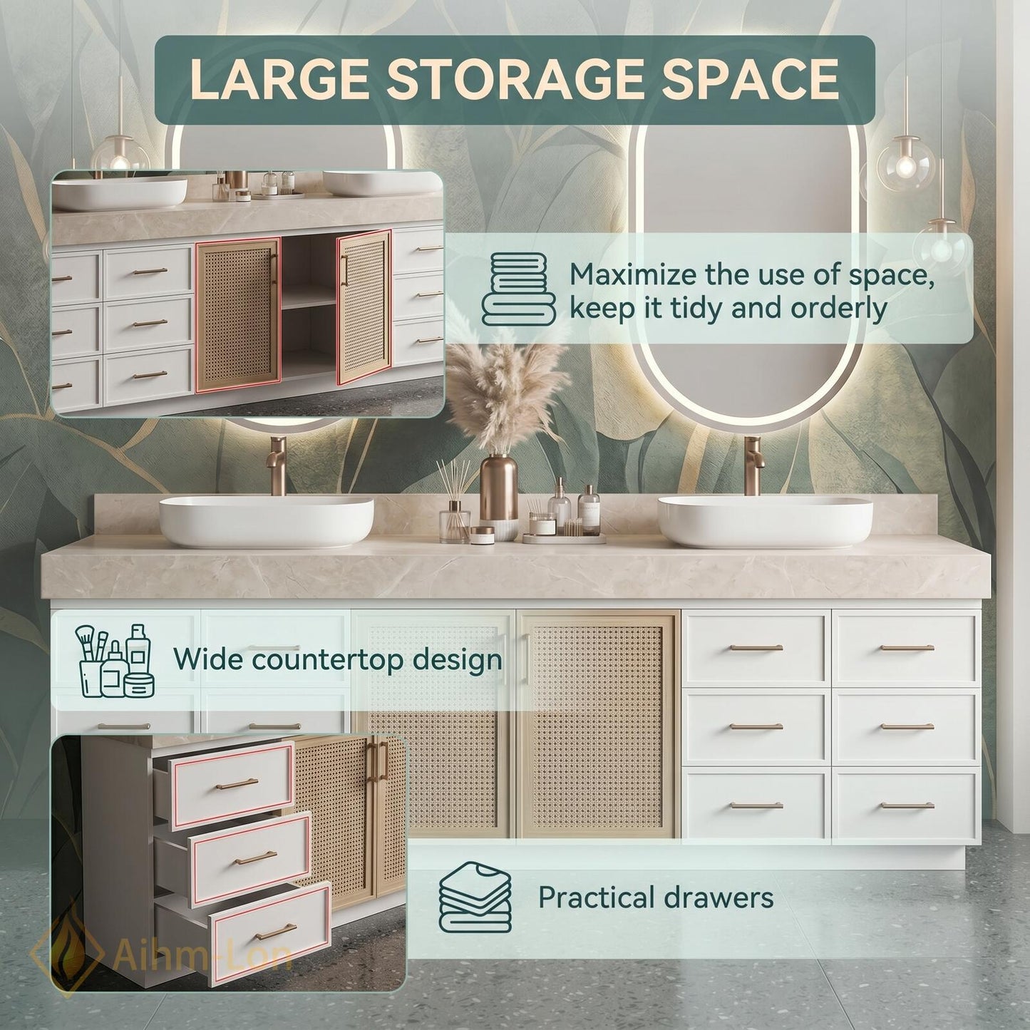 78''-96'' Double Bathroom Vanity with Sink White Modern Floating Door Drawer Storage