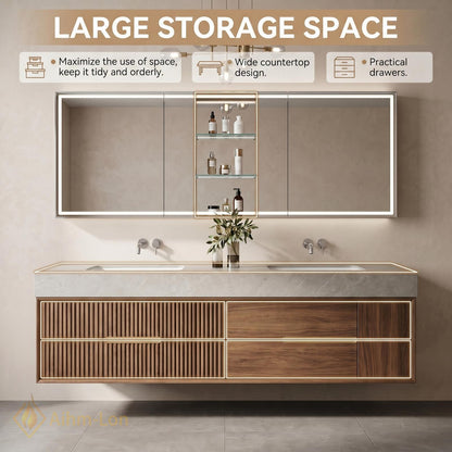 60''-96'' Double Bathroom Vanity with Sink Ribbed Walnut Finish Glass Mirror Shelving