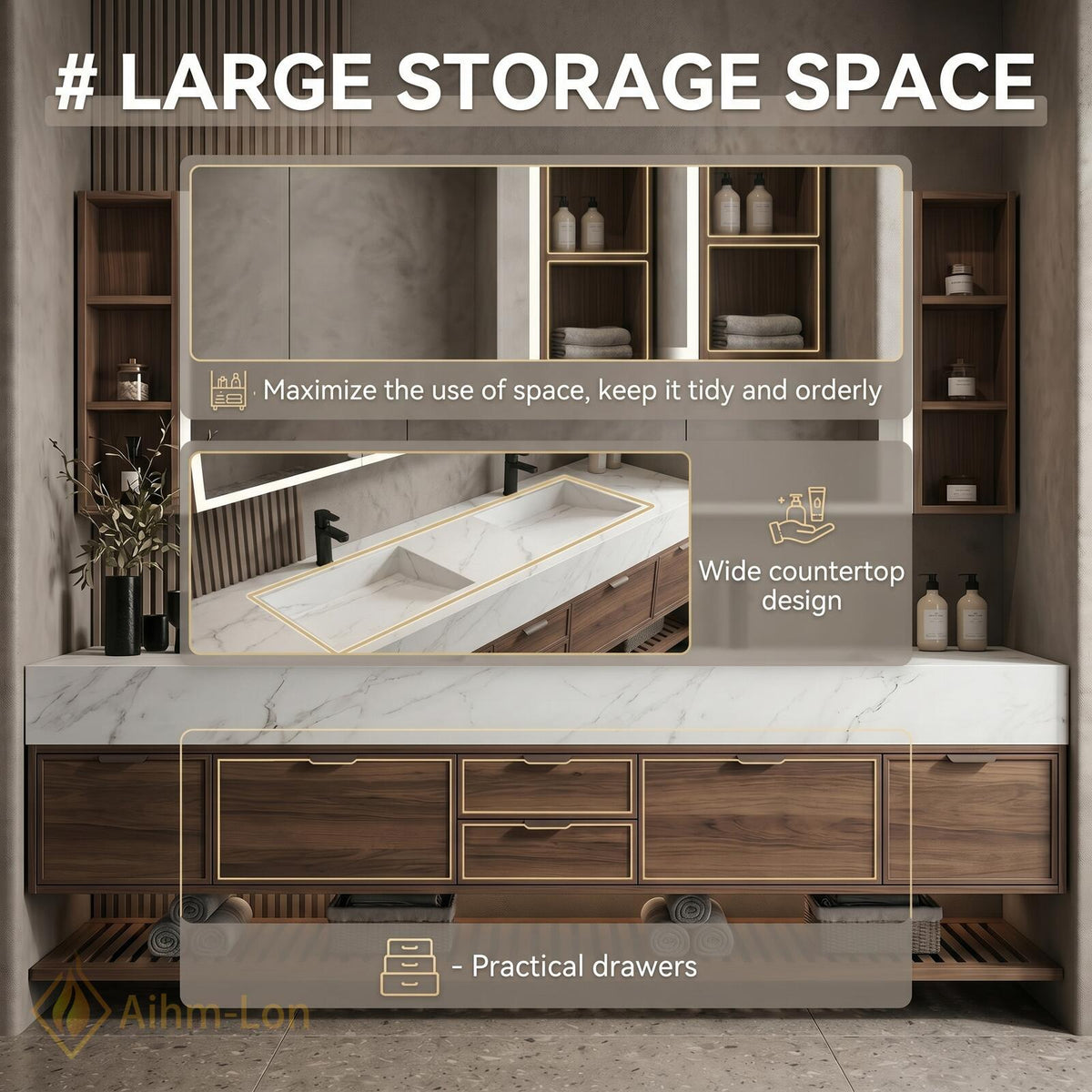 60''-96'' Double Bathroom Vanity with Sink Floating White Marble Top Slatted Shelf