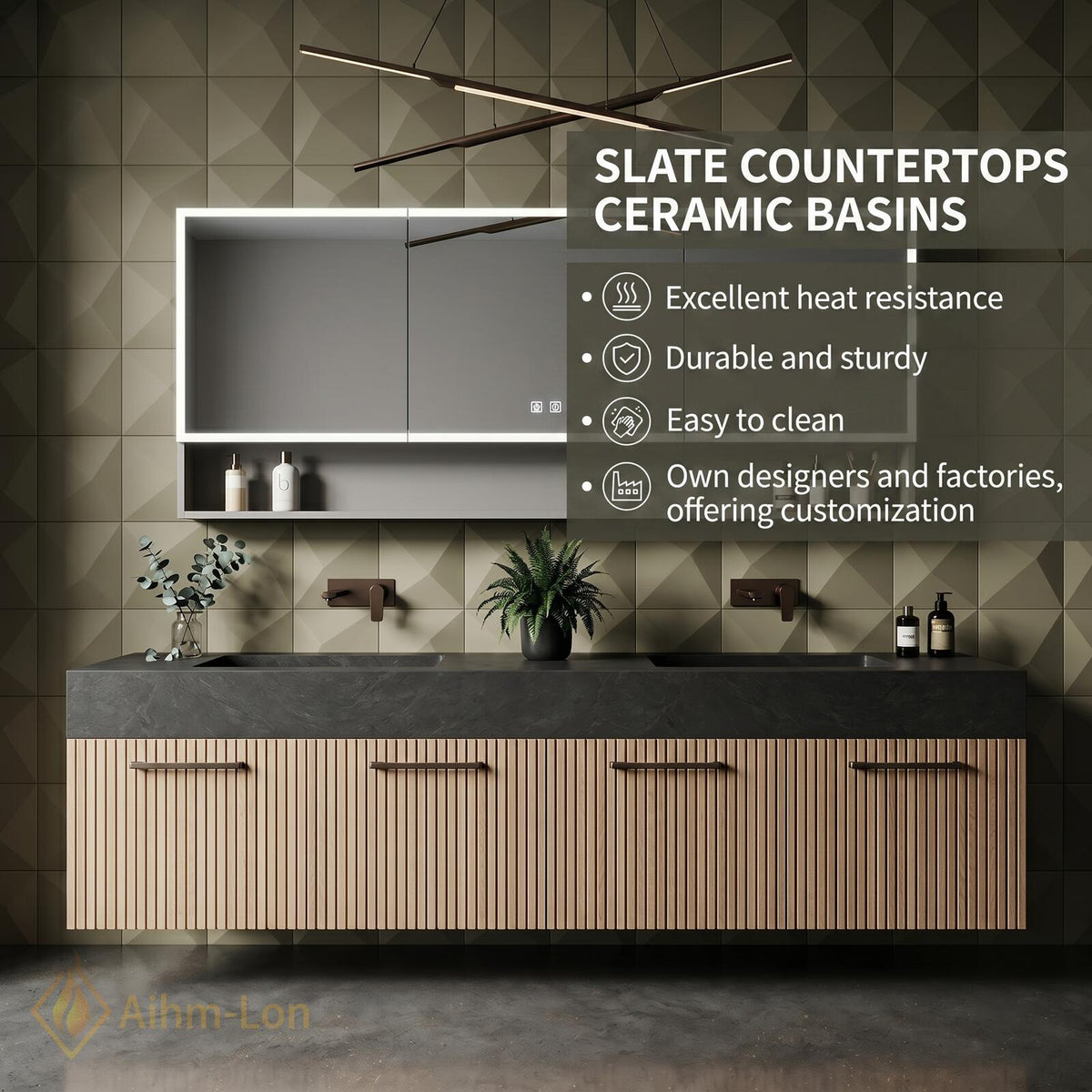 60''-96'' Double Bathroom Vanity with Sink Modern Floating Dark Stone Top Slatted