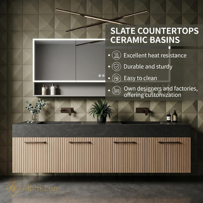 60''-96'' Double Bathroom Vanity with Sink Modern Floating Dark Stone Top Slatted