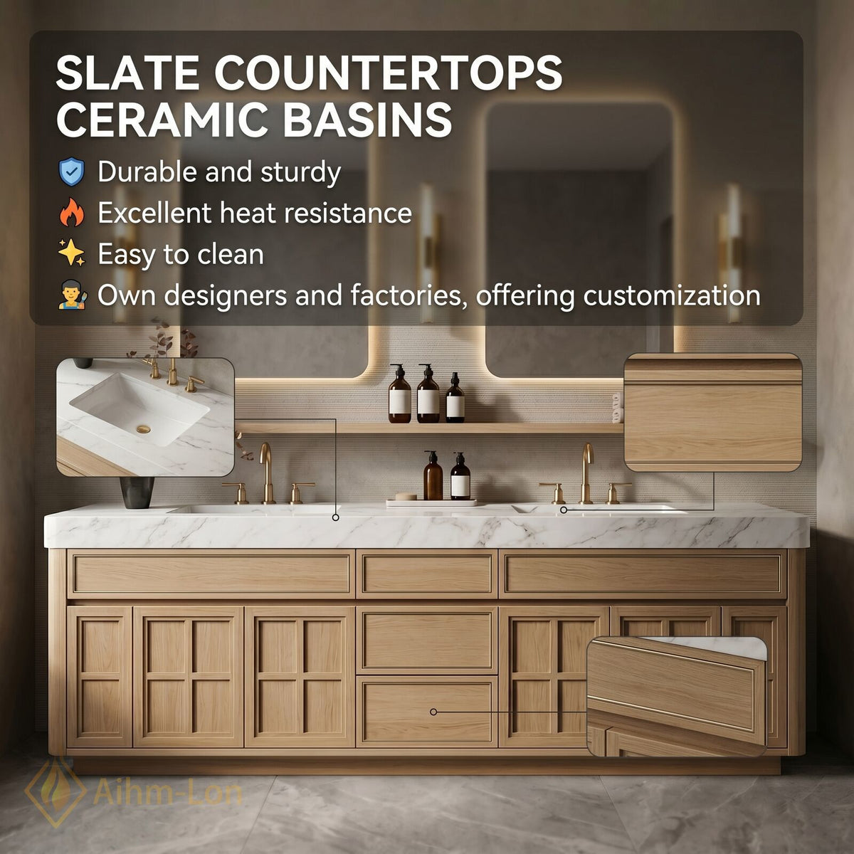 78''-96'' Double Bathroom Vanity with Sink Warm Oak Veneer Spacious Drawers