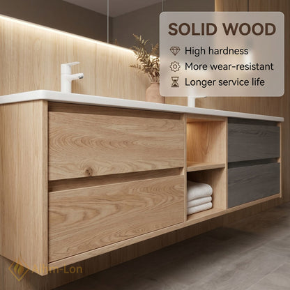 60''-96'' Floating Bathroom Vanity with Sink Wooden Drawer Dual-Tone Cabinet Mirror Storage