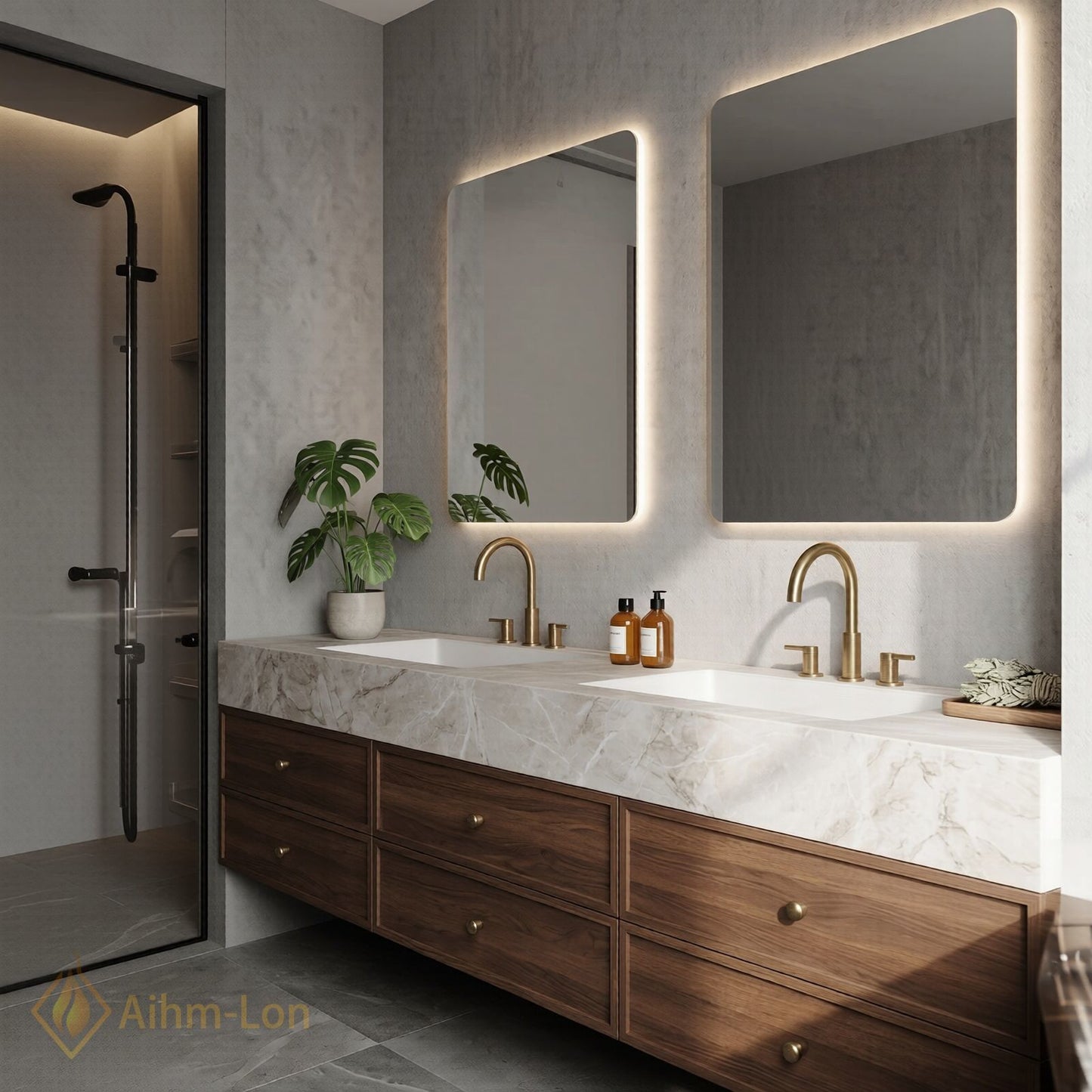 60''-96'' Double Bathroom Vanity with Sink White-Marble White Floating Wood-Grain Pattern Top