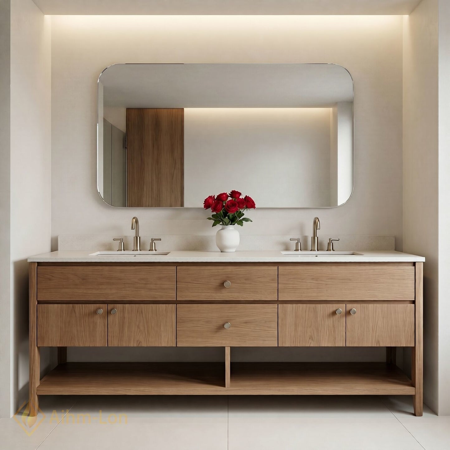 60''-96'' Modern Bathroom Vanity with Sink Woodgrain Open Shelf Base Smart Mirror