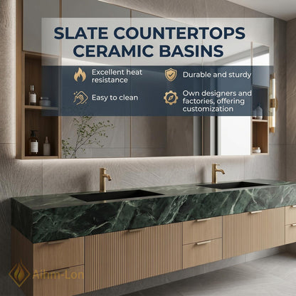 72''-96'' Double Bathroom Vanity with Sink Green Floating Marble-Top Slatted-Panels
