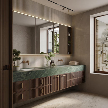 60''-96'' Double Bathroom Vanity with Sink Modern Floating Dark Walnut Ridge-Slatted Front