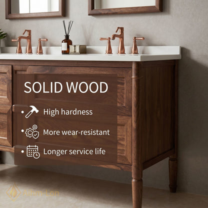 60''-96'' Modern Bathroom Vanity with Sink Walnut White Stone Copper Hardware Drawers