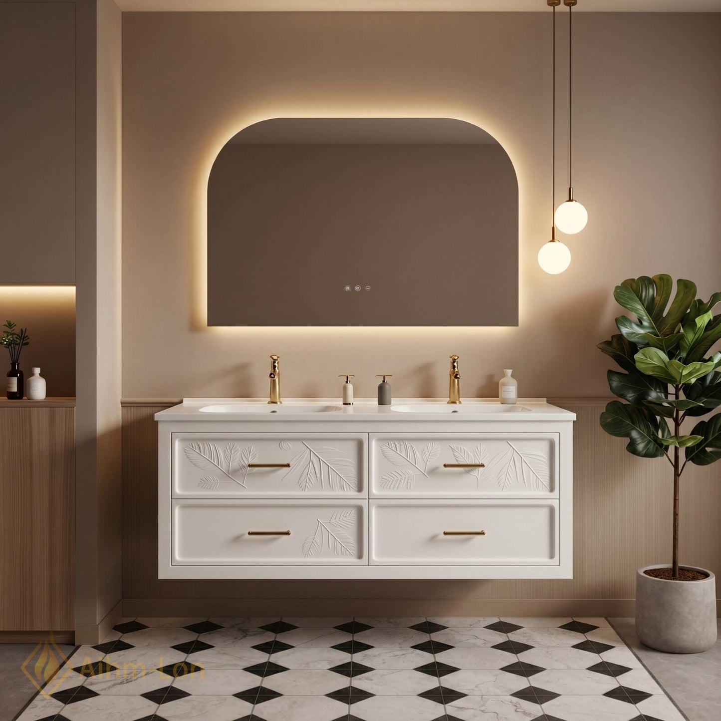 60''-96'' Modern Bathroom Vanity with Sink Floating Embossed Leaf White LED Backlit Mirror