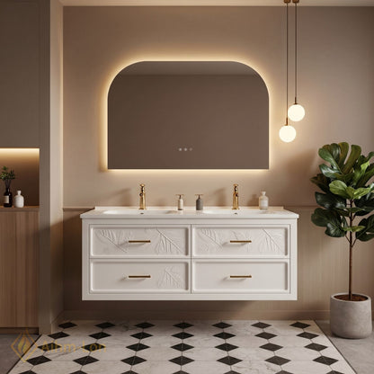 60''-96'' Modern Bathroom Vanity with Sink Floating Embossed Leaf White LED Backlit Mirror