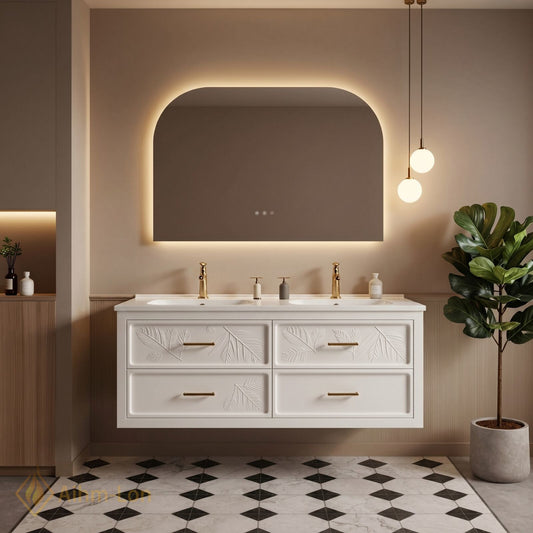 60''-96'' Modern Bathroom Vanity with Sink Floating Embossed Leaf White LED Backlit Mirror