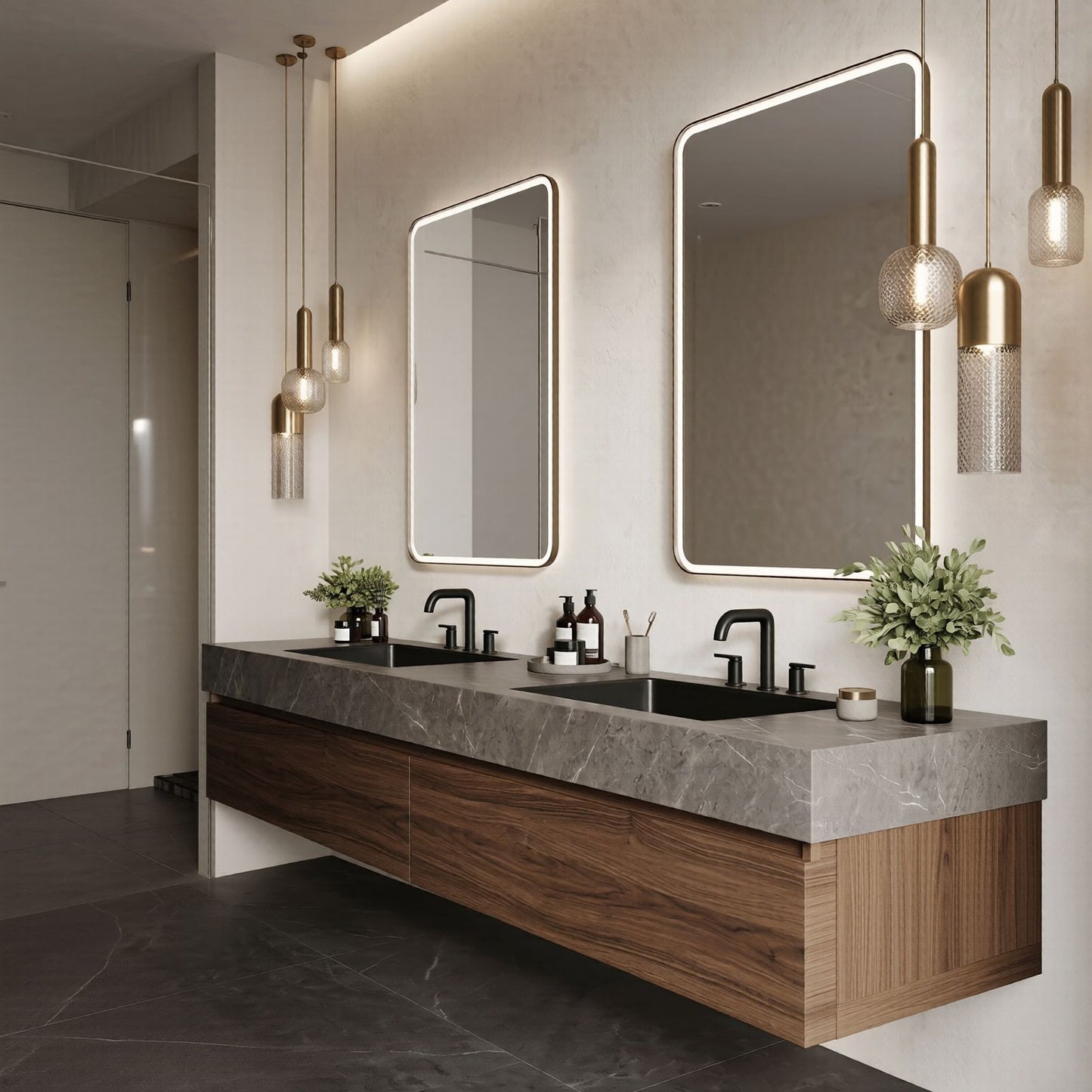 60''-96'' Modern Bathroom Vanity with Sink Double Sink Dark Stone Wood Grain Drawers Cabinet