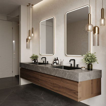 60''-96'' Modern Bathroom Vanity with Sink Double Sink Dark Stone Wood Grain Drawers Cabinet