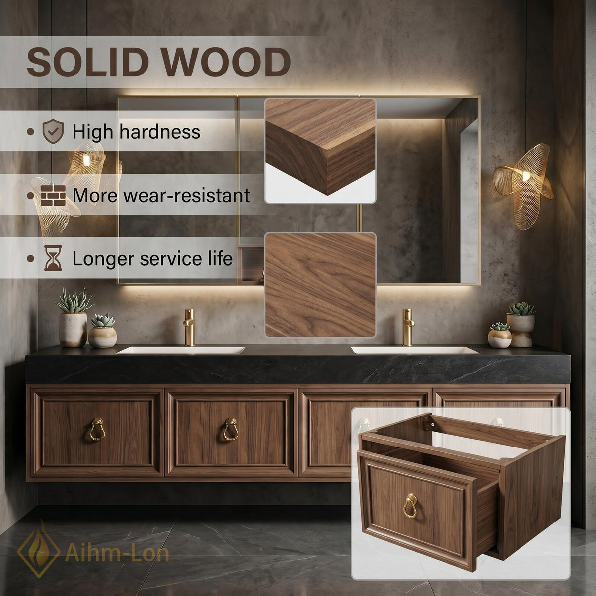 60''-96'' Bathroom Vanity with Sink Floating Slatted Panel Front Dark Walnut Finish