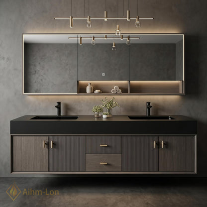 60''-96'' Double Bathroom Vanity with Sink Modern Floating Charcoal Slatted Finish Wall