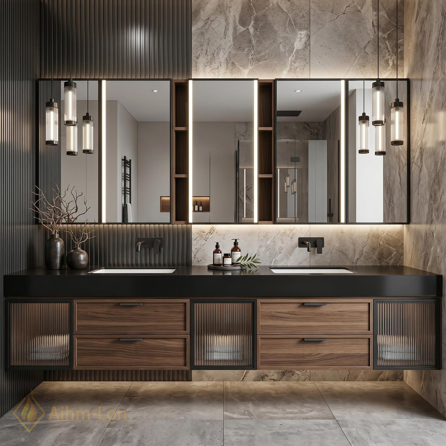 70''-96'' Bathroom Vanity with Sink Modern Floating Dark Walnut Frame Glass-Fronted Storage