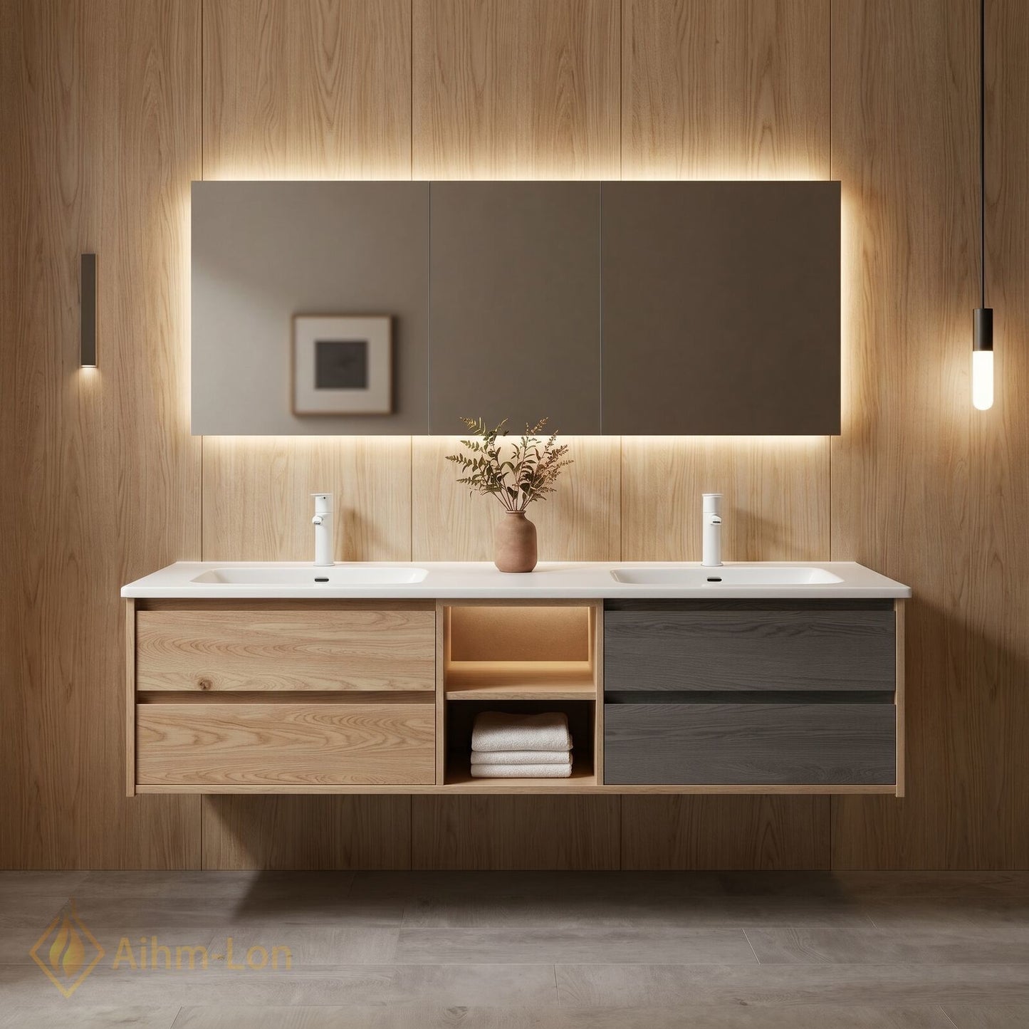 60''-96'' Floating Bathroom Vanity with Sink Wooden Drawer Dual-Tone Cabinet Mirror Storage