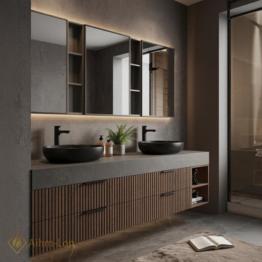 60''-96'' Double Bathroom Vanity with Sink Modern Floating Dark Wood Slats Concrete Top