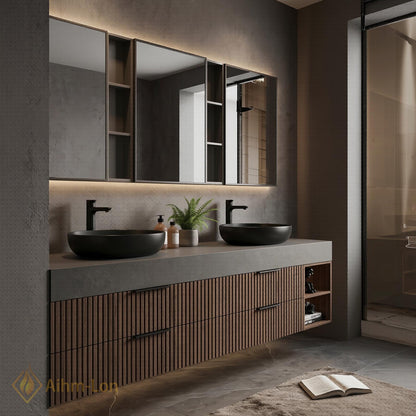 60''-96'' Double Bathroom Vanity with Sink Modern Floating Dark Wood Slats Concrete Top