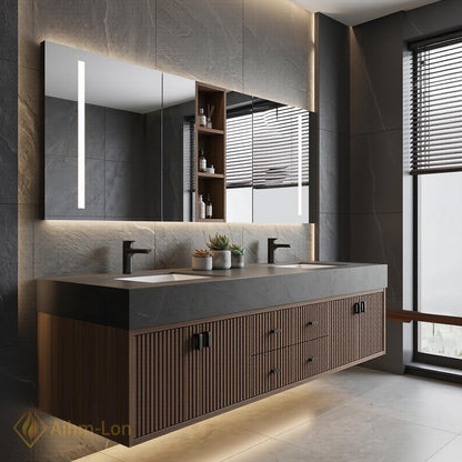 60''-96'' Double Bathroom Vanity with Sink Floating Dark Walnut Slats Open Center