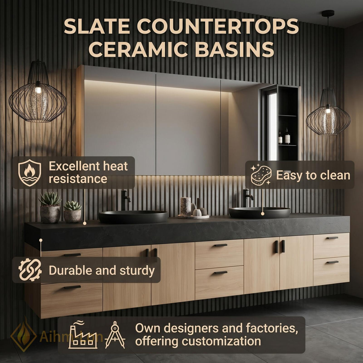 60''-96'' Double Bathroom Vanity with Sink Floating Light Oak Dark Stone Top
