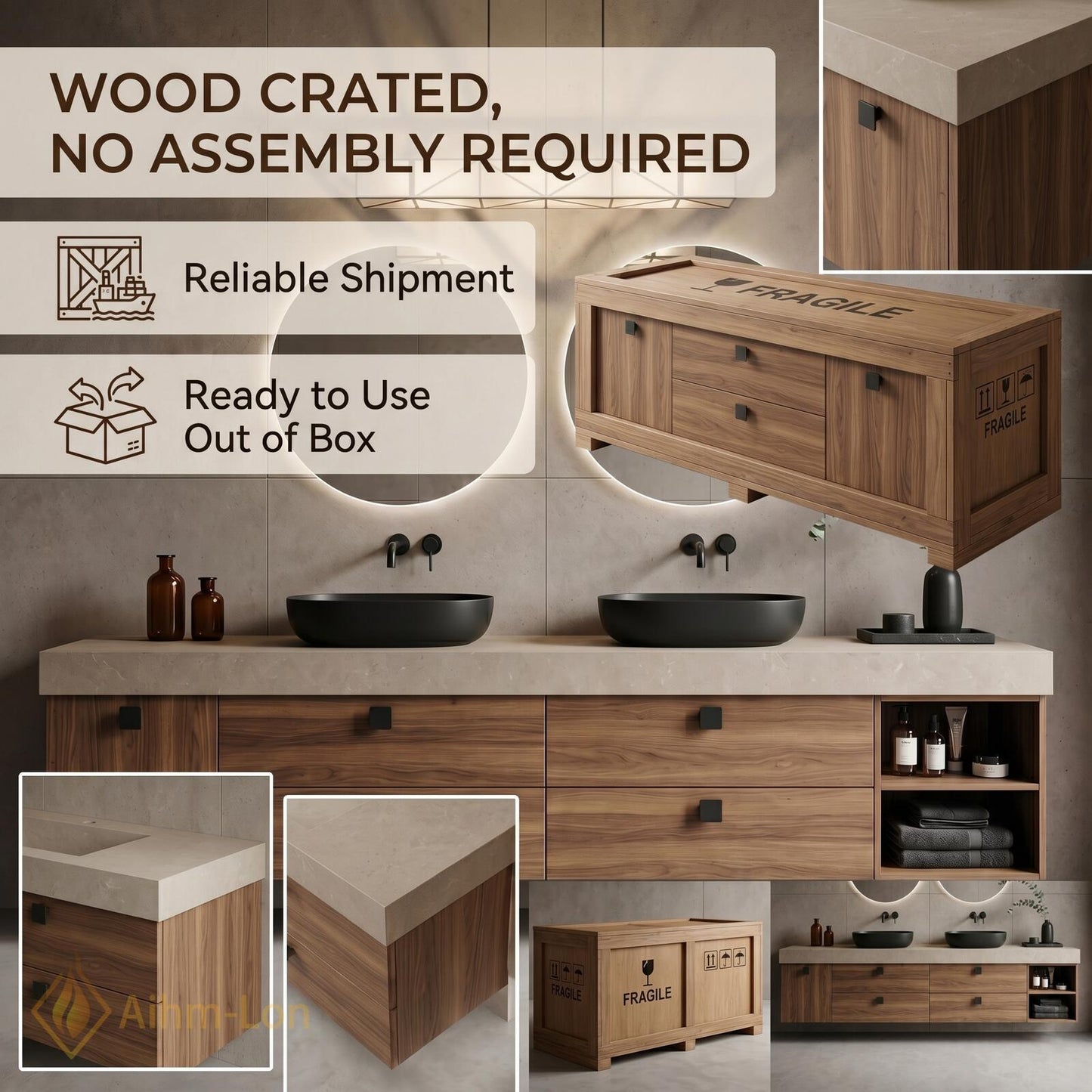 60''-96'' Double Bathroom Vanity with Sink Warm-Wood Modern Floating Slatted Open