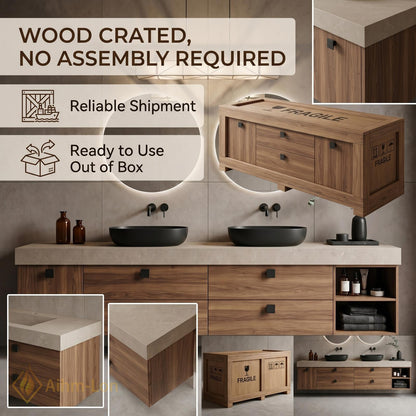 60''-96'' Double Bathroom Vanity with Sink Warm-Wood Modern Floating Slatted Open