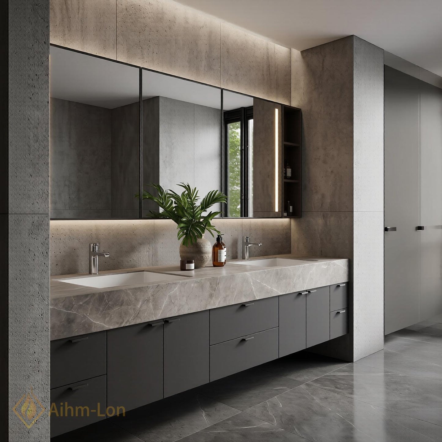 70''-96'' Double Bathroom Vanity with Sink Modern Floating Grey Marble-Look Mirror Storage