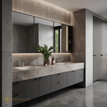 70''-96'' Double Bathroom Vanity with Sink Modern Floating Grey Marble-Look Mirror Storage