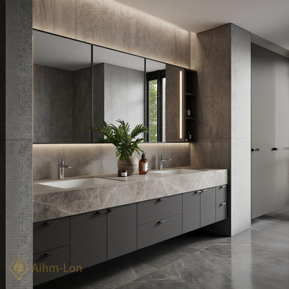 70''-96'' Double Bathroom Vanity with Sink Modern Floating Grey Marble-Look Mirror Storage