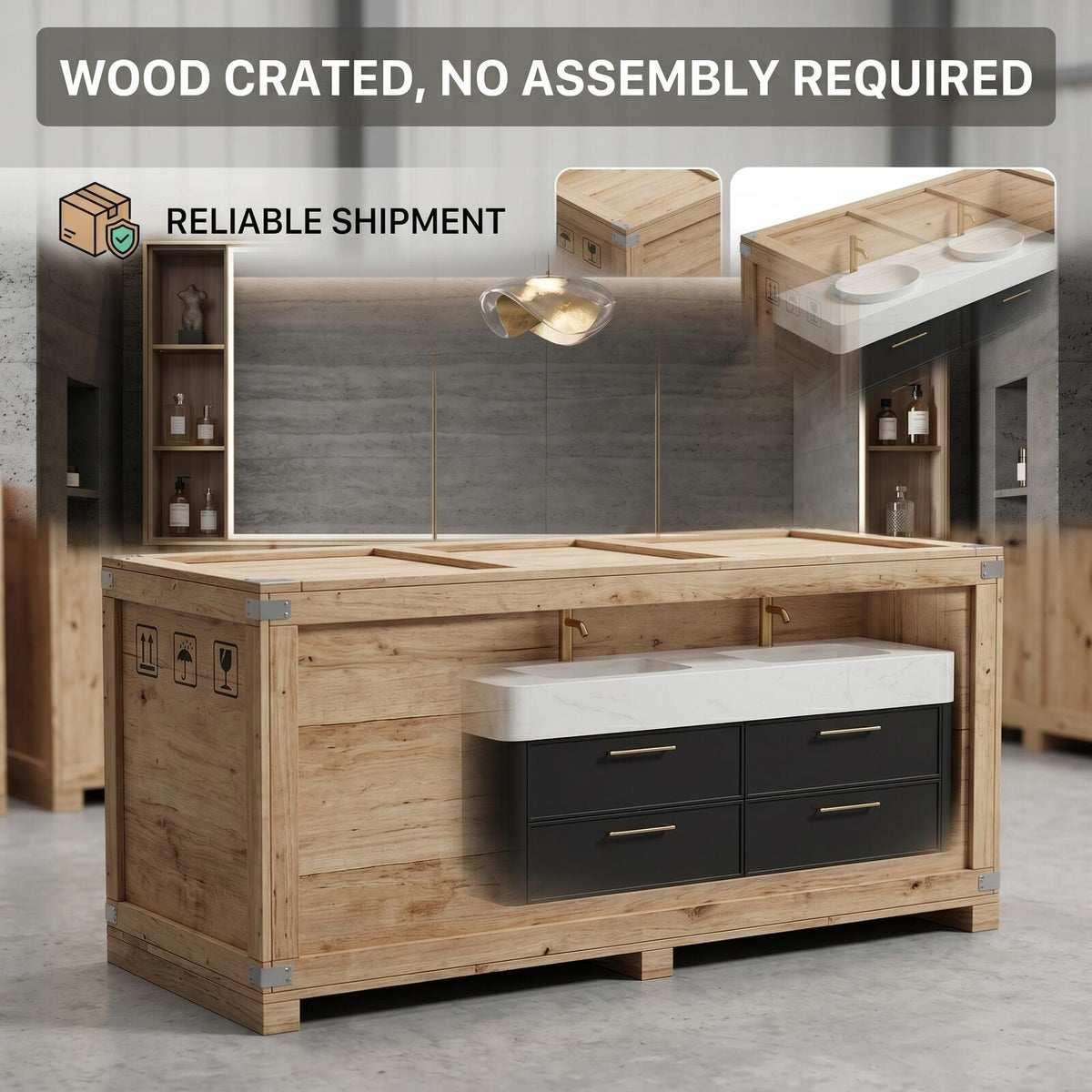 60''-96'' Double Bathroom Vanity with Sink Modern Floating Stone-Like Finish Deep Drawers