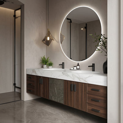 78''-96'' Modern Bathroom Vanity with Sink Double Sink Dark Wood Frame Round Mirror Cabinet