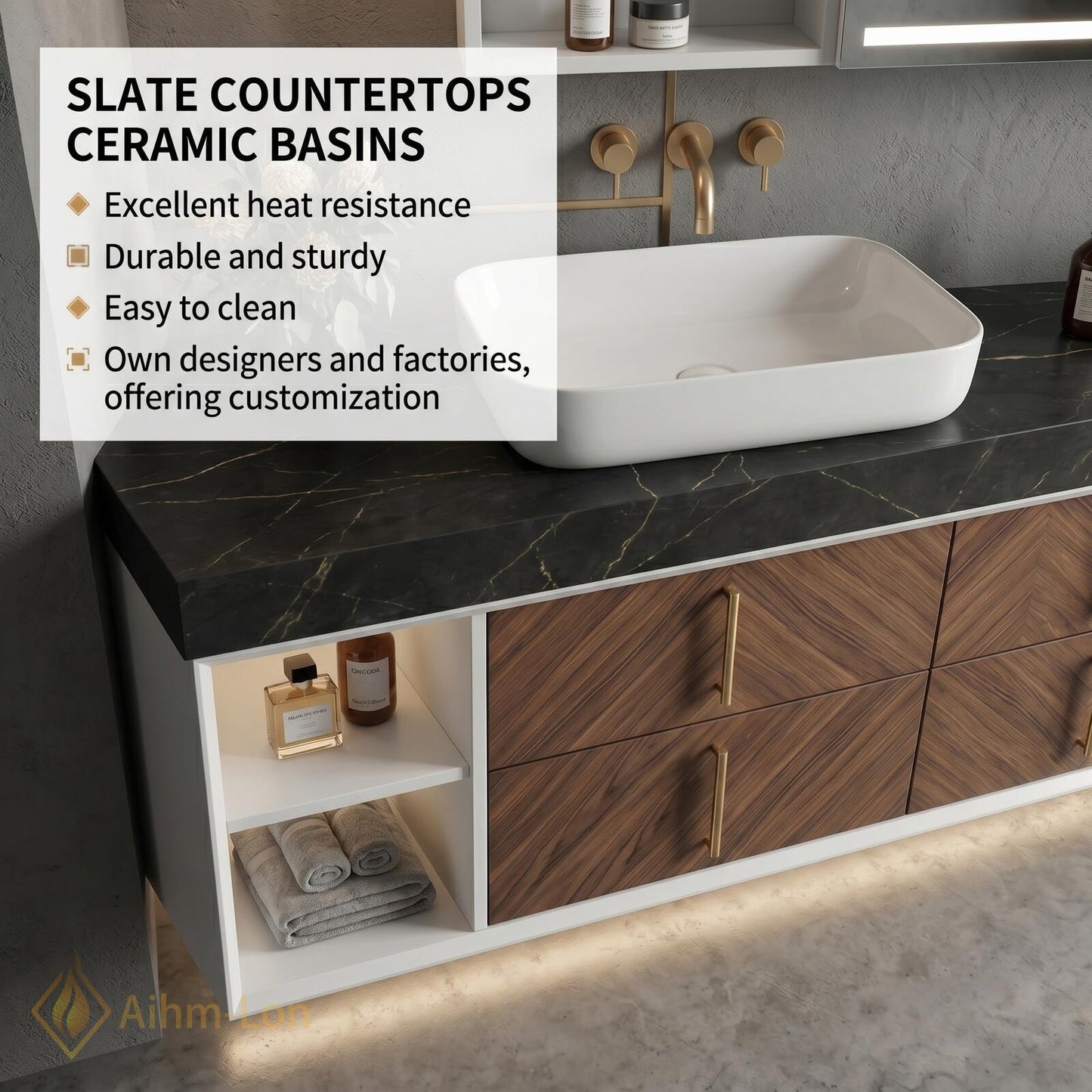 68''-96'' Double Bathroom Vanity with Sink Modern Floating Dark Stone Top Chevron