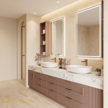 76''-96'' Double Bathroom Vanity with Sink Wood Slatted Front Wide Marble Top