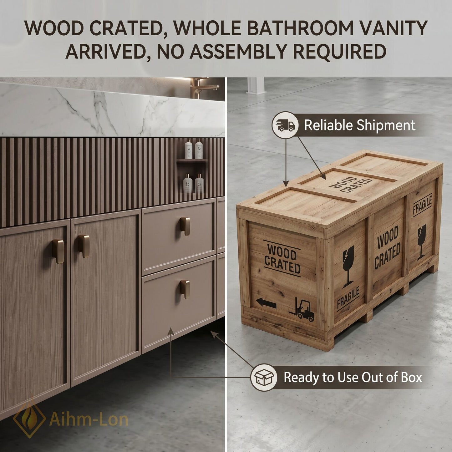 76''-96'' Double Bathroom Vanity with Sink Floating Slatted Wood Design Wide Marble