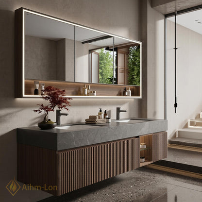 60''-96'' Double Bathroom Vanity with Sink Vertical Slats Stone Countertop Mirror Cabinet