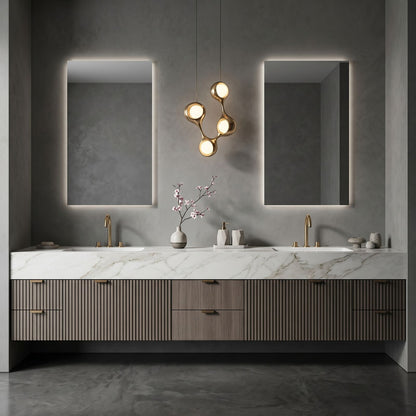 72''-96'' Modern Bathroom Vanity with Sink Double Sink Ridge-Panel Marble-Effect Mirror Cabinet