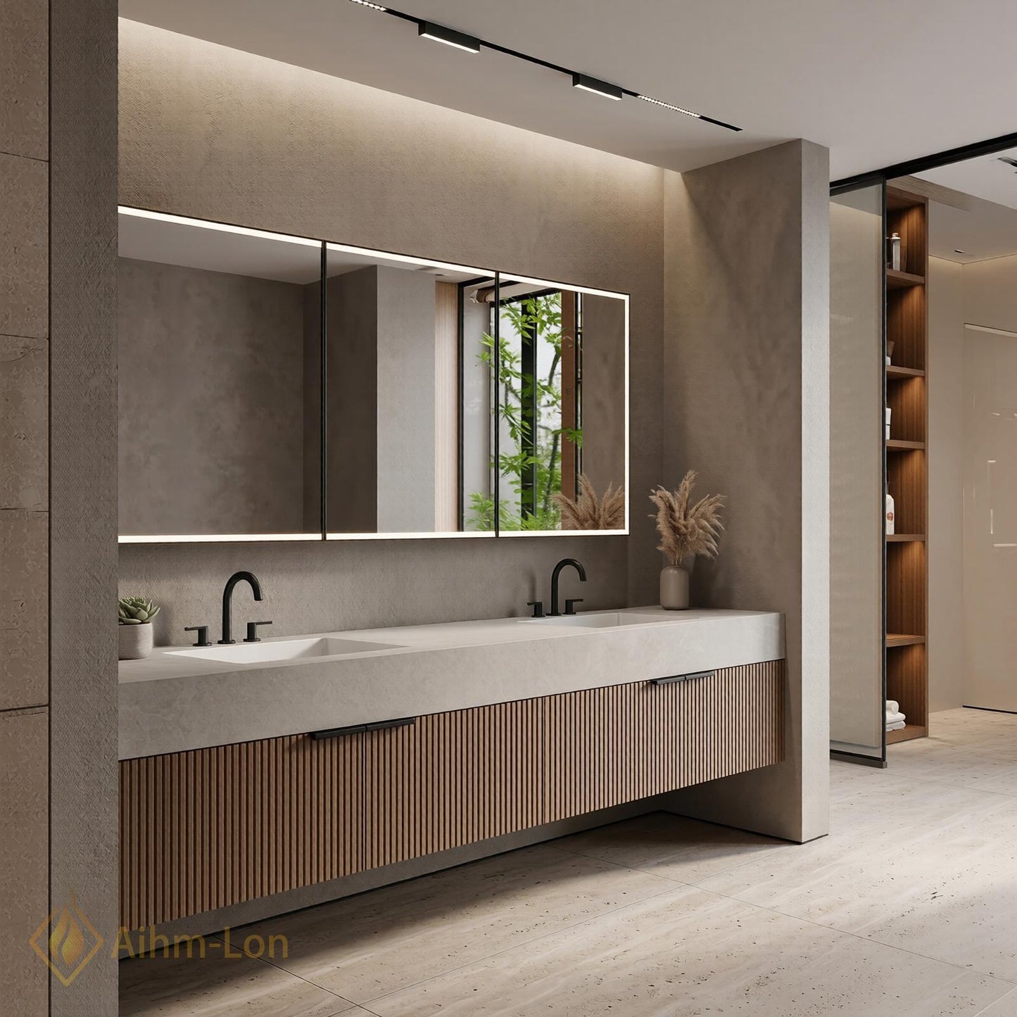 60''-96'' Double Bathroom Vanity with Sink Wood Modern Floating Slatted Stone-Top
