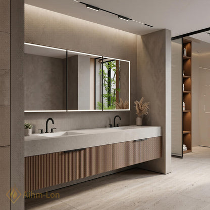 60''-96'' Double Bathroom Vanity with Sink Wood Modern Floating Slatted Stone-Top