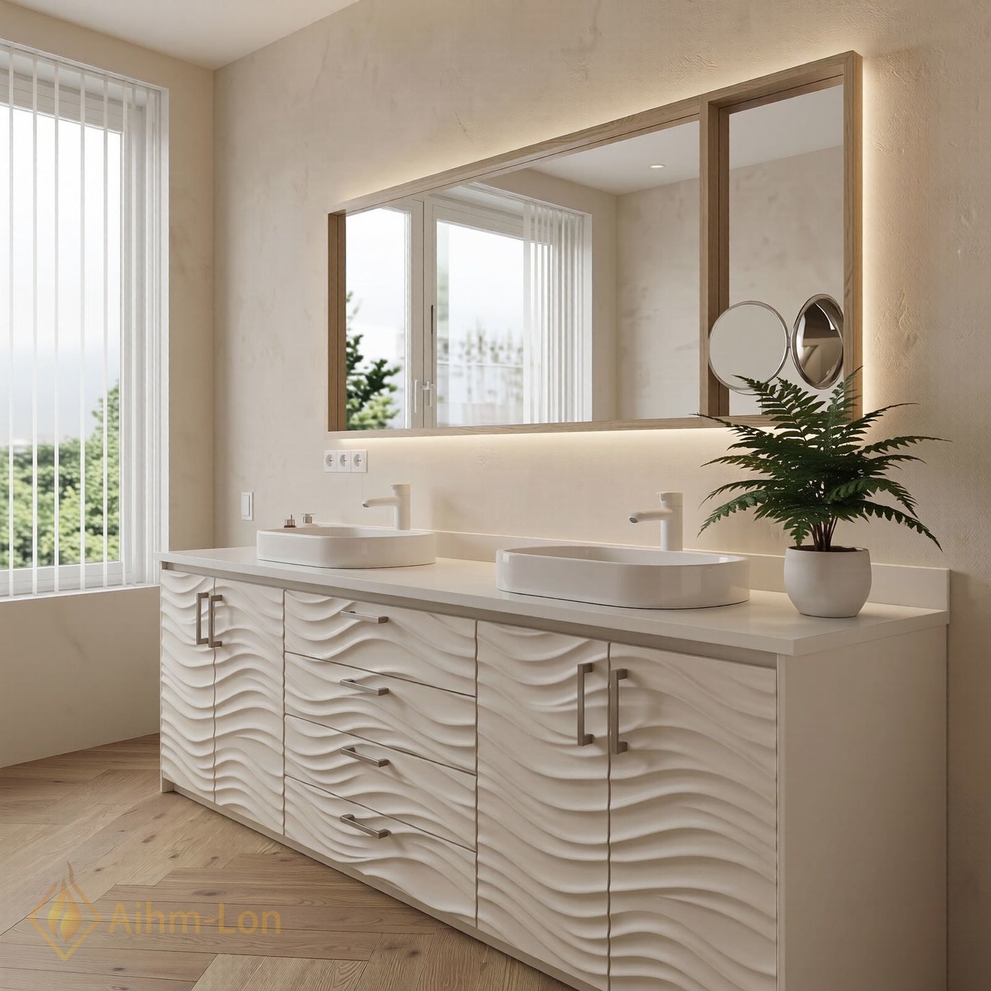 60''-96'' Wavy Bathroom Vanity with Sink Relief Panels White Finish Mirror Cabinet