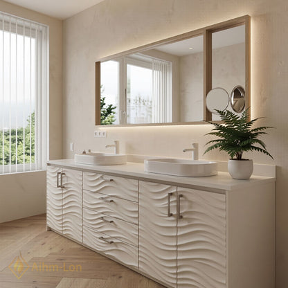60''-96'' Wavy Bathroom Vanity with Sink Relief Panels White Finish Mirror Cabinet
